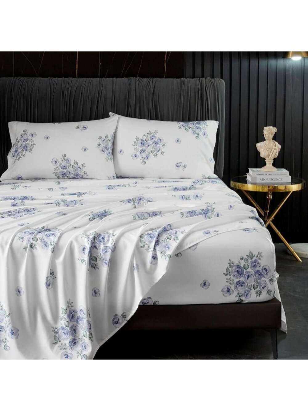 King Size Blue Floral Sheets Set, 4pc with 18-Inch Deep Pocket - Soft & Stylish